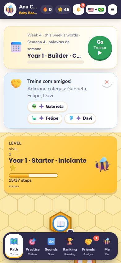 Tela inicial com as palavras da semana no topo e a trilha de lições